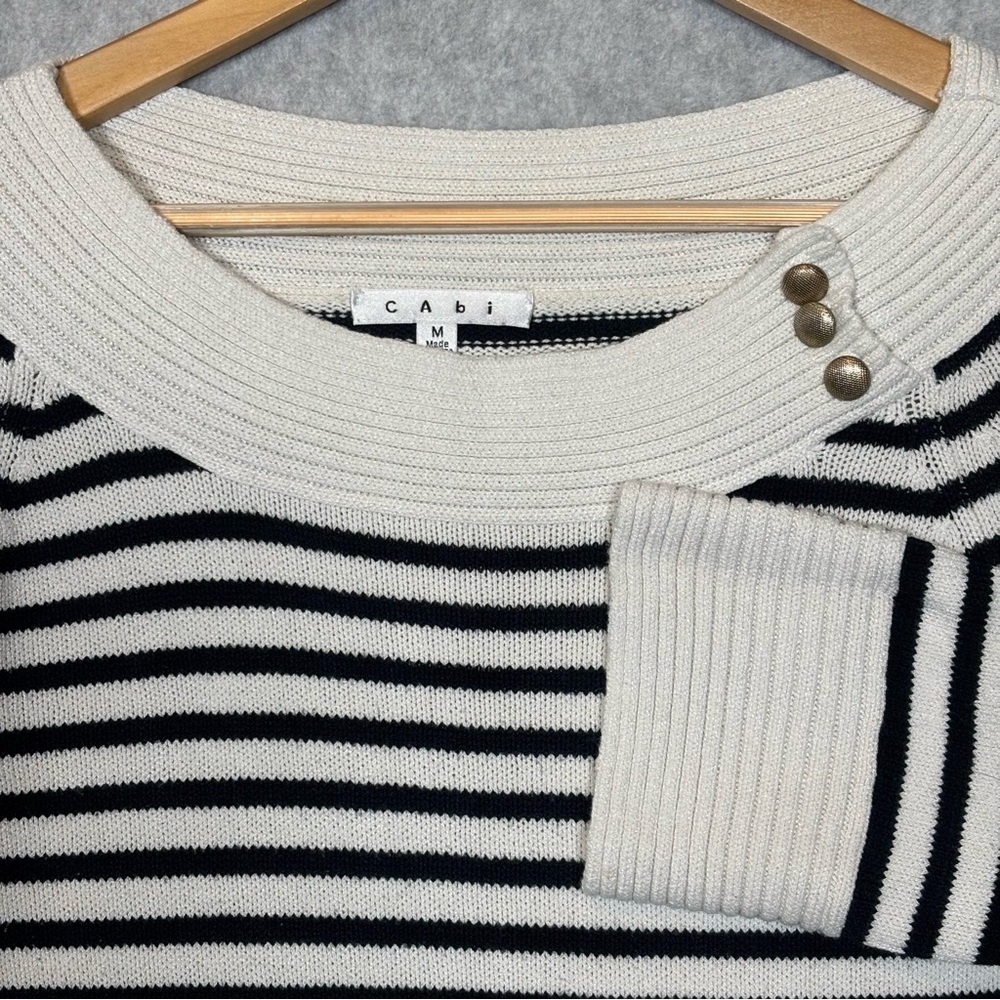 CAbi Knit The Get Away Striped 3/4 Sleeve Boat Neck Sweater-Black/White-Medium